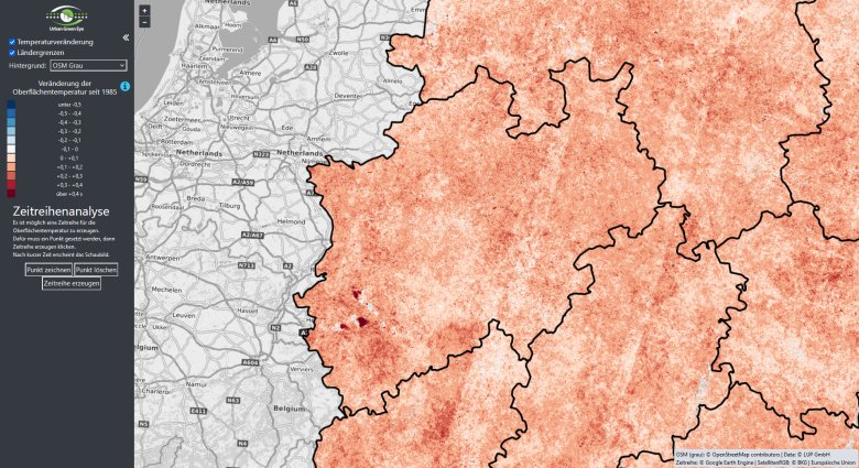 Die Karte zeigt die Veränderung der Oberflächentemperatur seit 1985, hier beispielsweise im Land Nordrhein-Westfalen. 