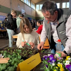 Ein Gärtner und eine Schülerin pflanzen Blumen