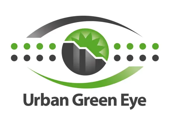 Logo des Projekts "UrbanGreenEye". Ein stilisiertes Auge mit grauen und hellgrünen Teilen.