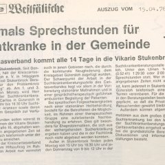 Zeitungssausschnitt: Erstmals Sprechstunde für Suchtkranke in der Gemeinde.