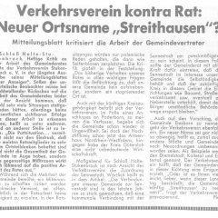 Zeitungsartikel mit dem Titel: Verkehrsverein contra Rat. Neuer Ortsname "Streithausen"?