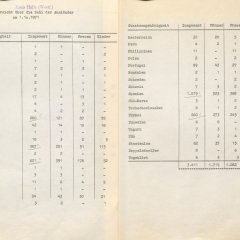 Maschinengeschrieben Tabelle mit Zahlen zu verschiedenen Herkunftsländern. Griechenland, Italien, Jugoslawien Spanien und Türkei sind grün unterstrichen.